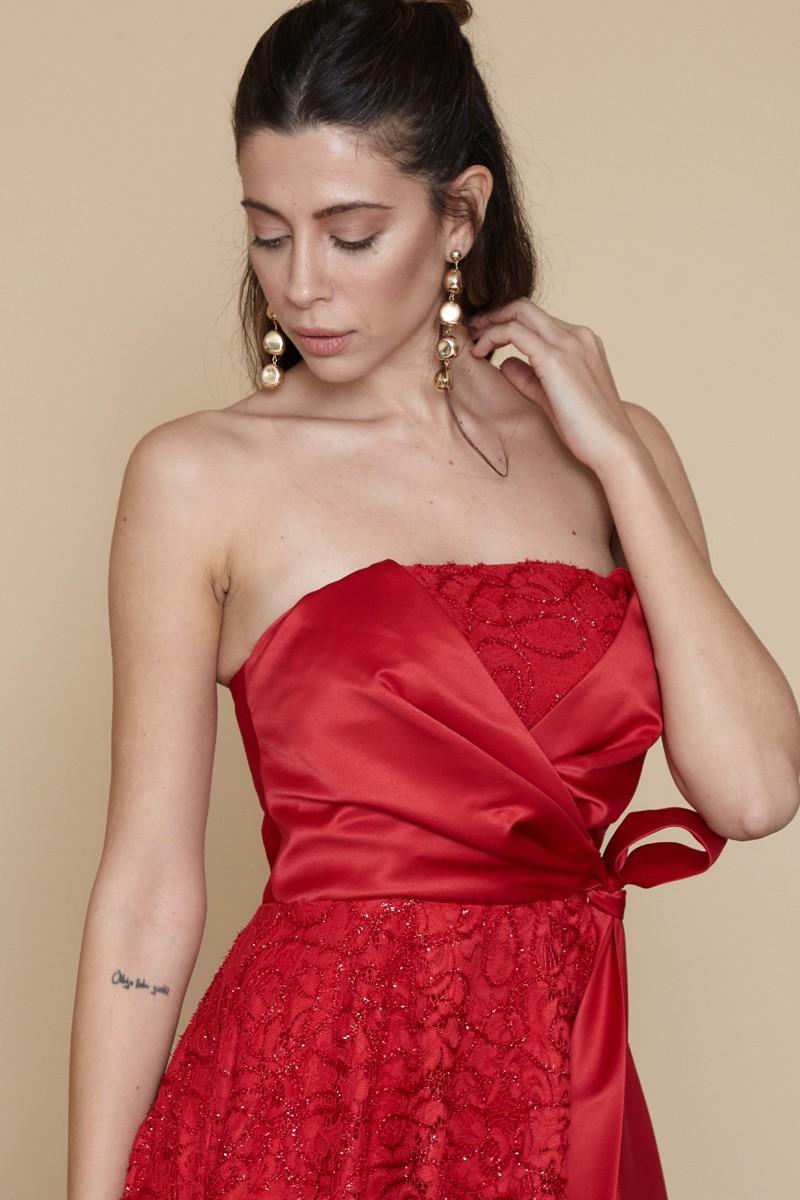 Red satin strapless mini dress