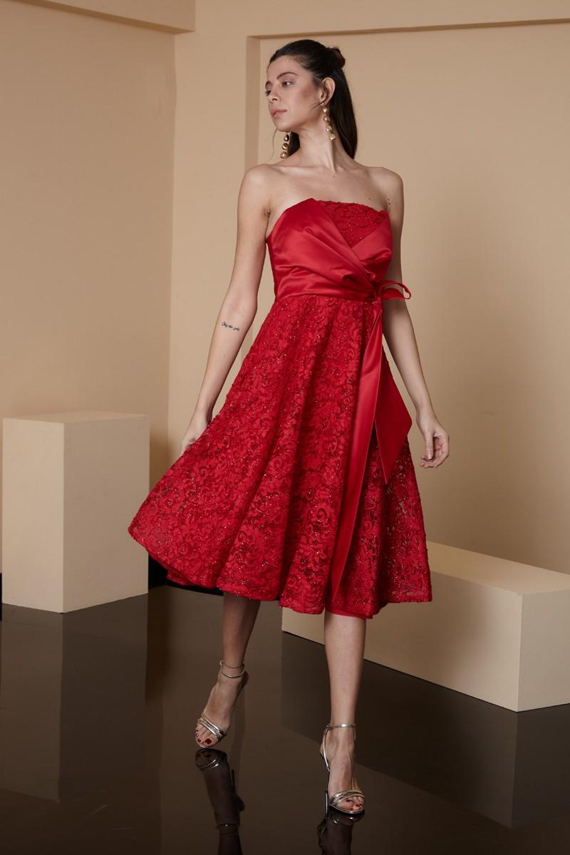 Red satin strapless mini dress