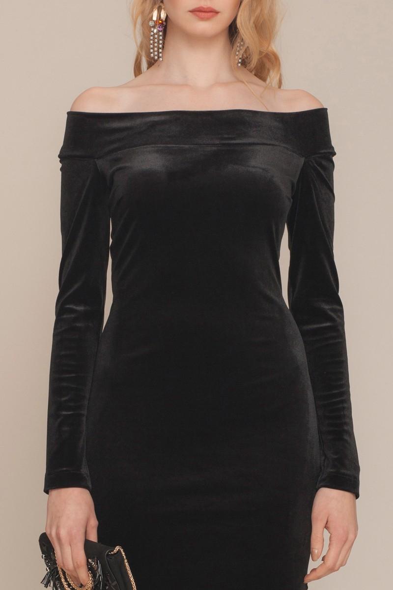 Black velvet long sleeve midi dress