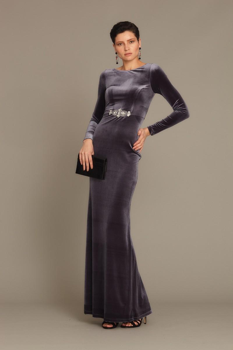 Grey velvet long sleeve maxi dress