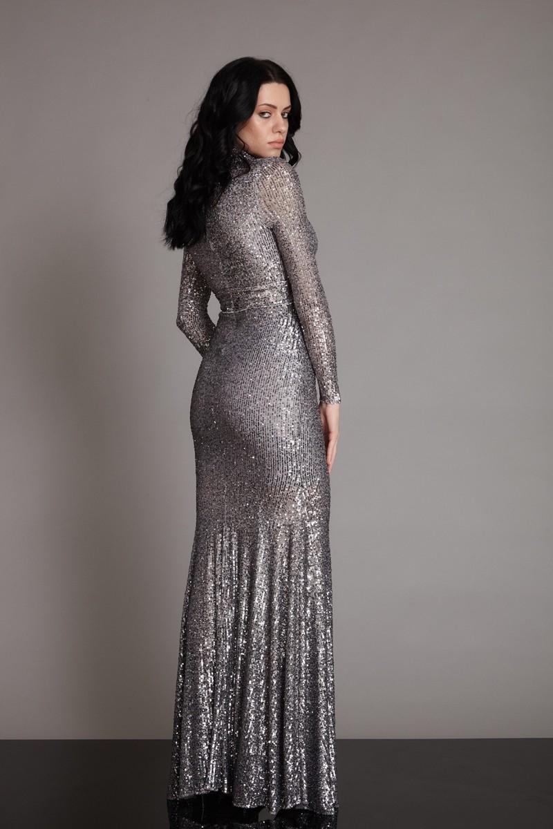 Silver sequined long sleeve maxi dress