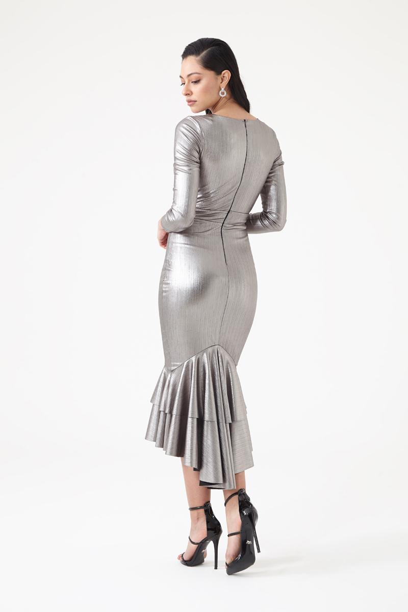Silver knitted long sleeve midi dress