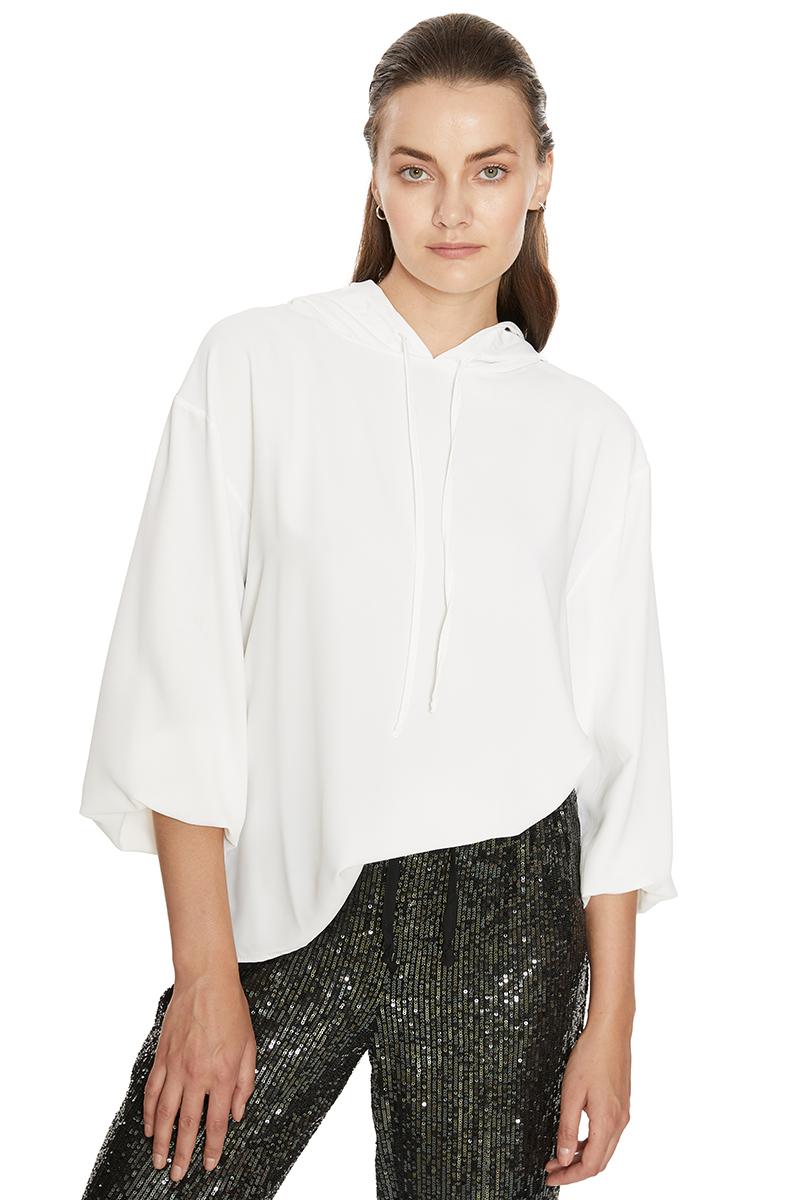 White crepe long sleeve midi blouse