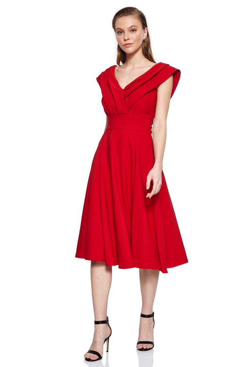 Red crepe sleeveless midi dress
